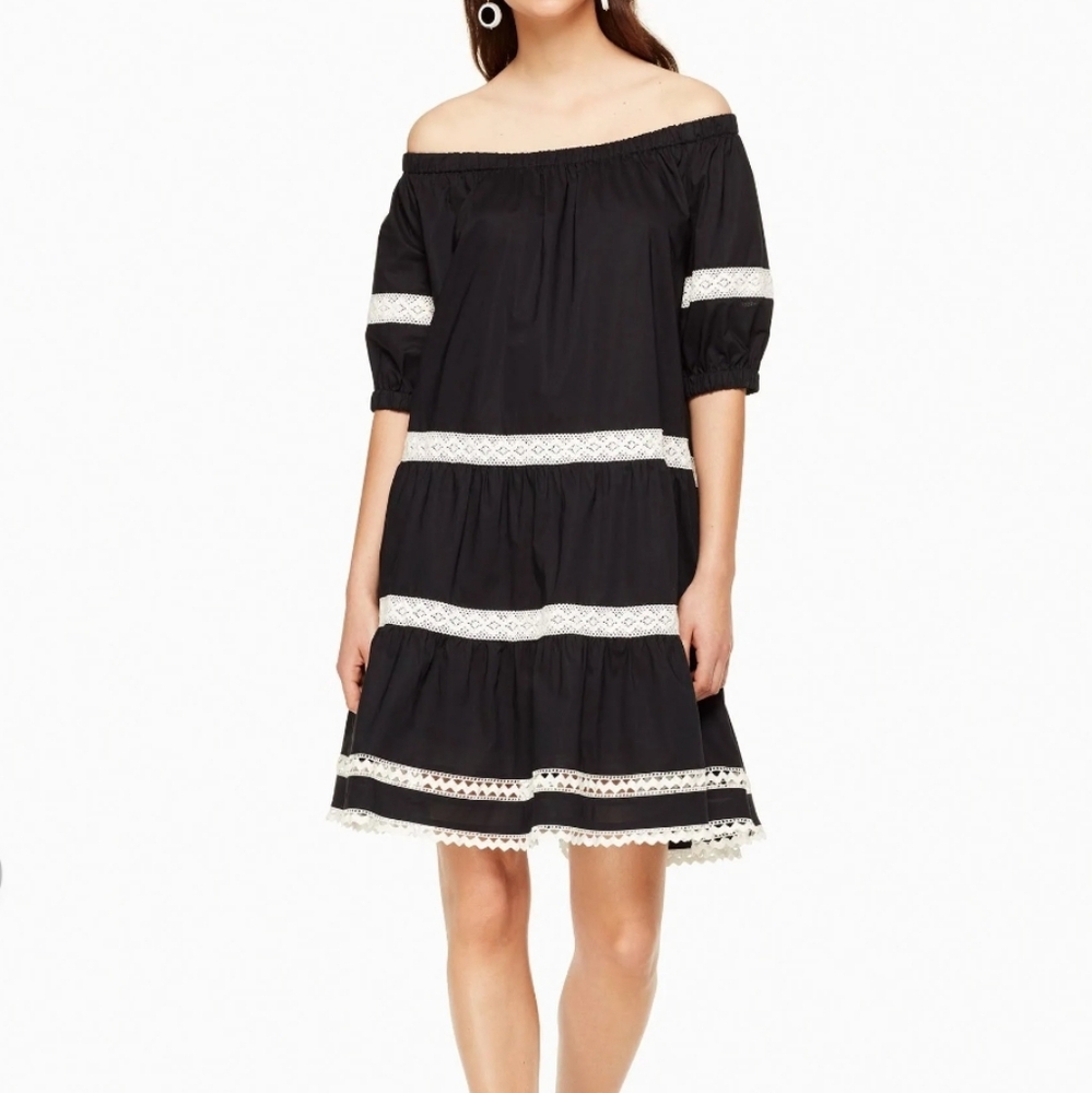 Kate Spade Cotton Off Shoulder Black Boho Cottage Core Dress - Picture 2 of 9